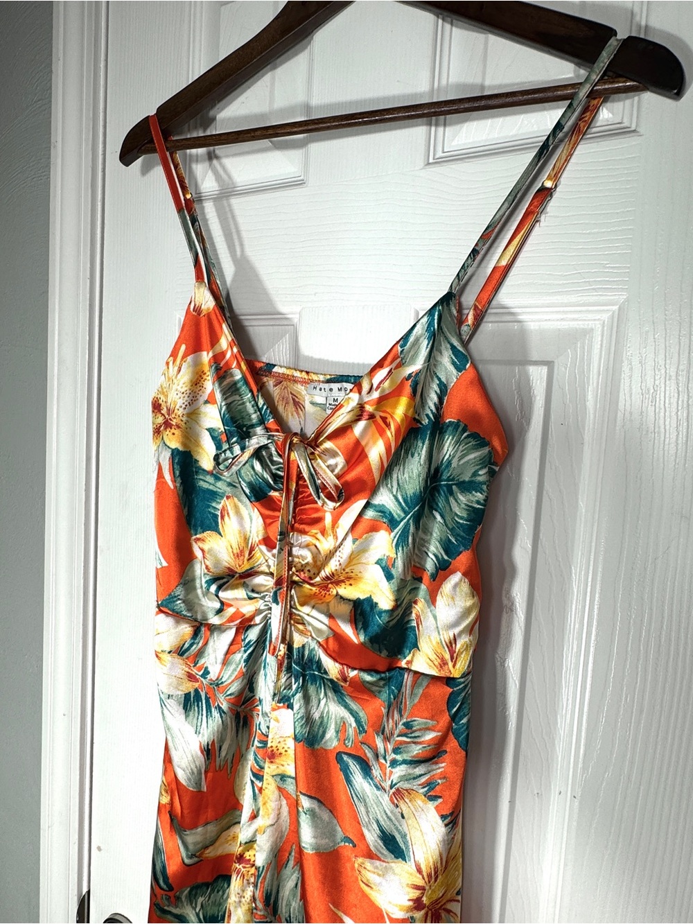 Haute Monde Satin Orange Tropical Floral Ruched Wide Leg Jumpsuit Medium